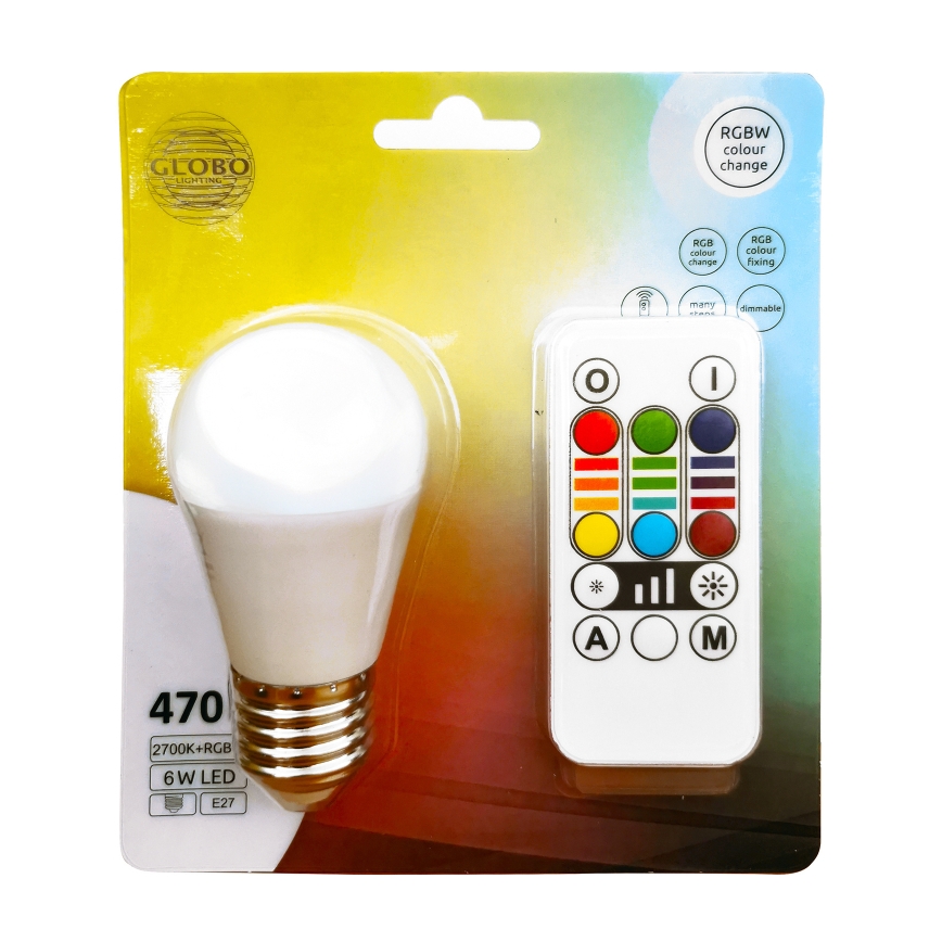 LED-pære med RGBW-farver dæmpbar E27/6W/230V 3000K + fjernbetjening - Globo