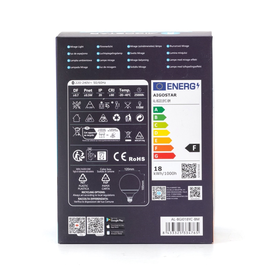 LED-pære med RGBW-farver dæmpbar MESH G120 E27/18W/230V 6500K + fjernbetjening - Aigostar