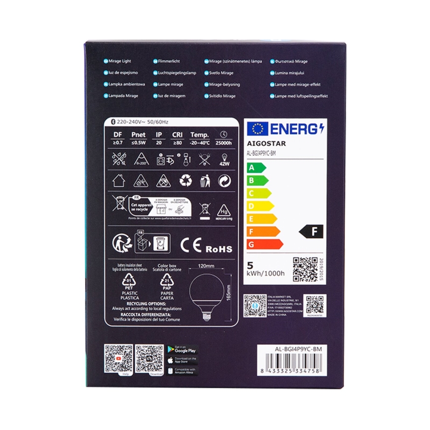 LED-pære med RGBW-farver dæmpbar MESH G120 E27/4,9W/230V 2700-6500K + fjernbetjening - Aigostar