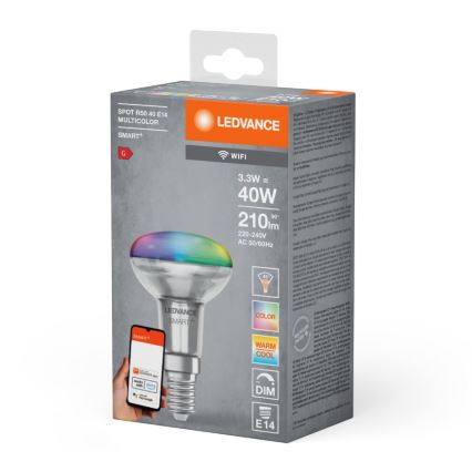 LED RGBW Dæmpbar projektør lyspære SMART+ R50 E14/3,3W/230V 2700-6500K Wi-Fi - Ledvance