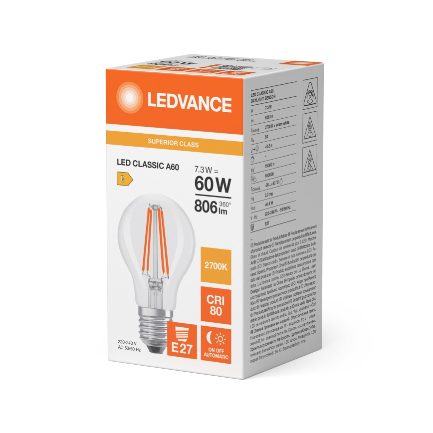 LED-pære med skumringssensor CLASSIC FILAMENT A60 E27/7,3W/230V 2700K - Osram
