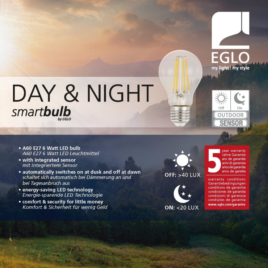 LED-pære med skumringssensor VINTAGE A60 E27/6W/230V 3000K - Eglo 11886