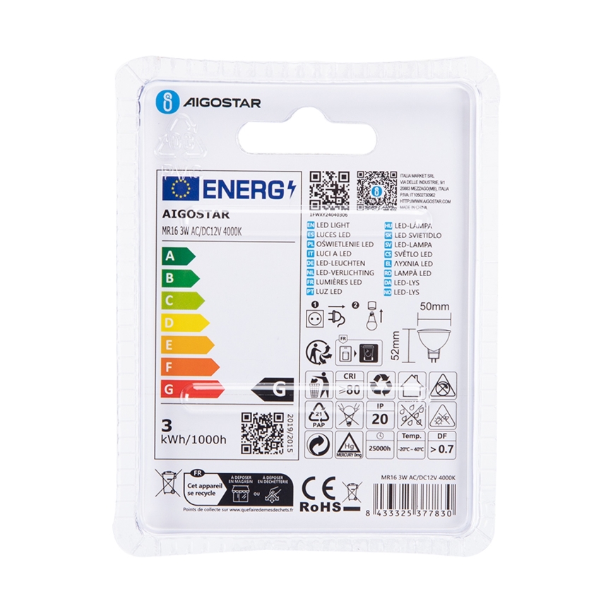 LED-pære MR16 GU5,3/3W/12V 4000K - Aigostar