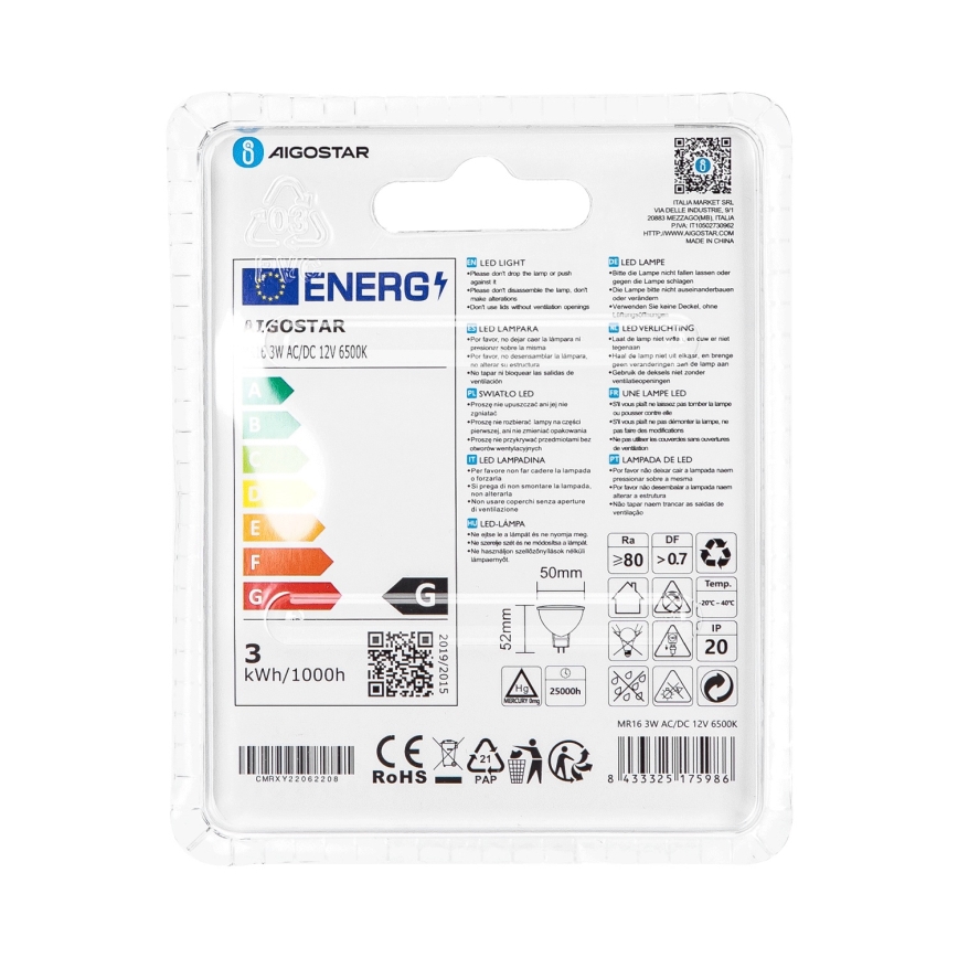 LED-pære MR16 GU5,3/3W/12V 6500K - Aigostar