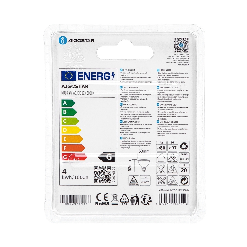 LED-pære MR16 GU5,3/4W/12V 3000K - Aigostar