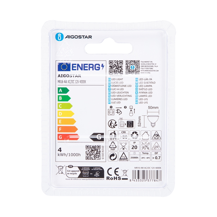 LED-pære MR16 GU5,3/4W/12V 4000K - Aigostar