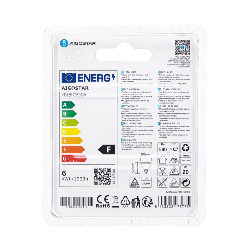 LED-pære MR16 GU5,3/6W/12V 3000K - Aigostar