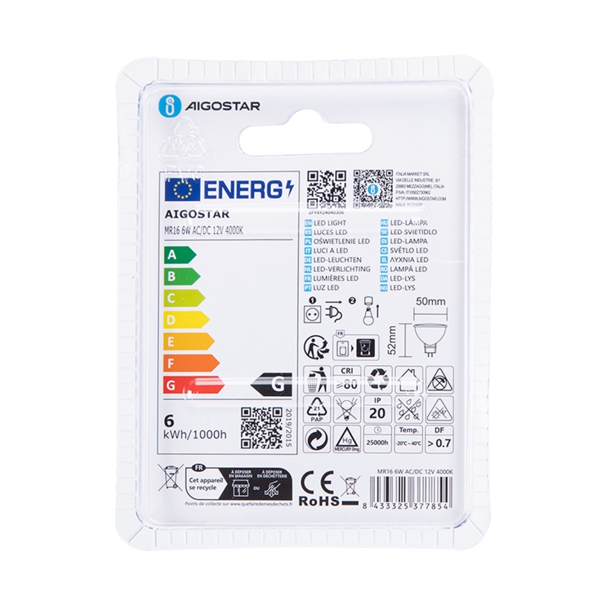 LED-pære MR16 GU5,3/6W/12V 4000K - Aigostar