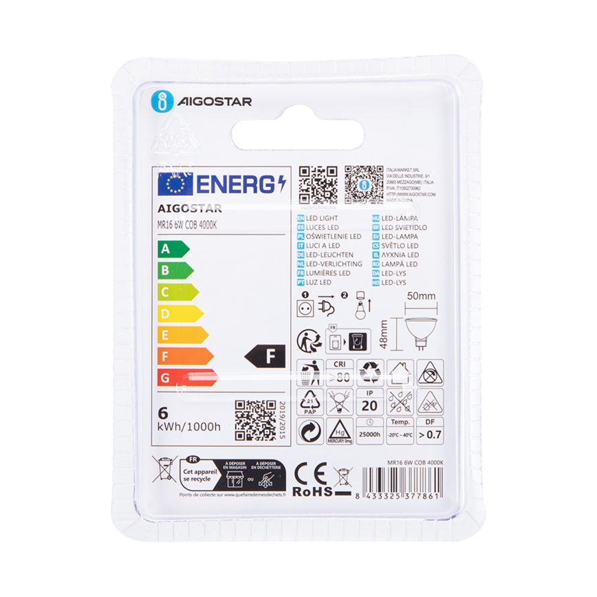 LED-pære MR16 GU5,3/6W/12V 4000K - Aigostar