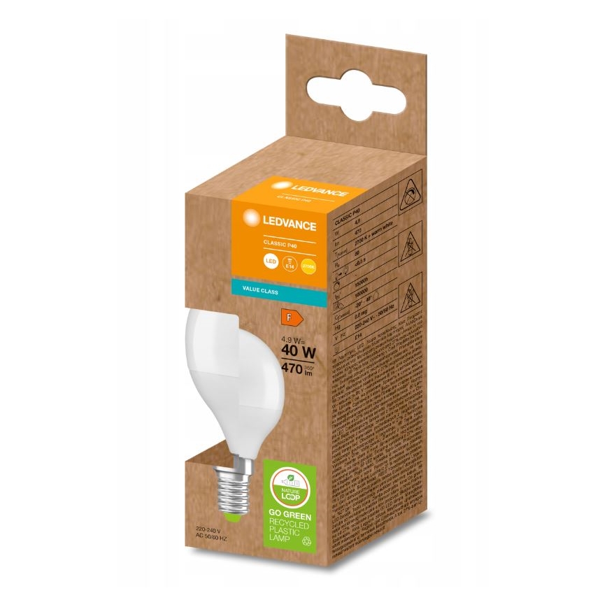 LED-pære af genanvendt plast P45 E14/4,9W/230V 2700K - Ledvance