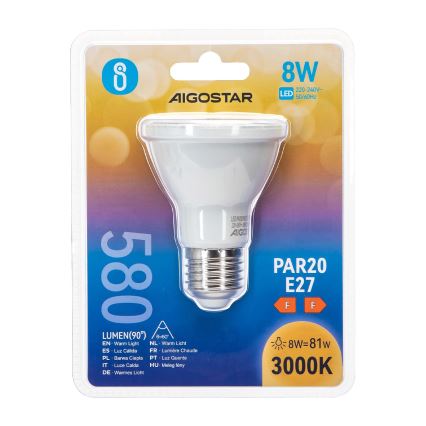 LED-pære PAR20 E27/8W/230V 3000K - Aigostar