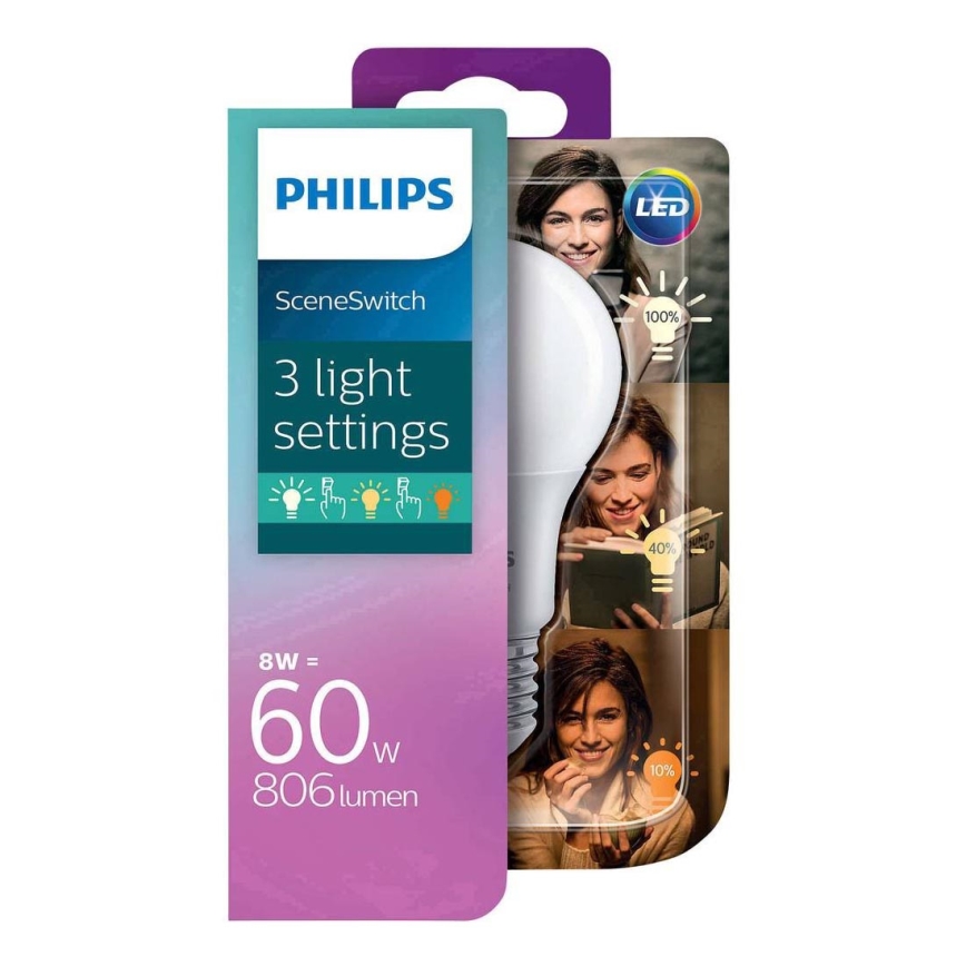 LED-pære Philips SCENE SWITCH A60 E27/8W/230V 2200K-2700K