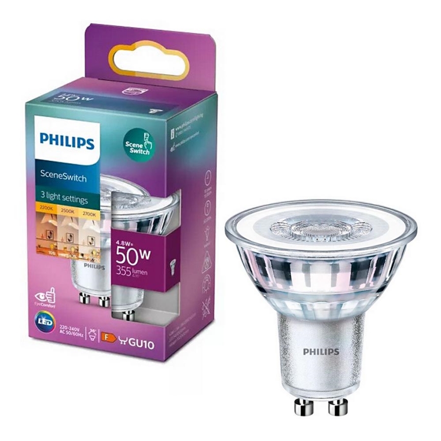 LED-pære Philips SCENE SWITCH PAR16 GU10/4,8W/230V 2200/2500/2700K med 3-trins farvetemperaturvalg