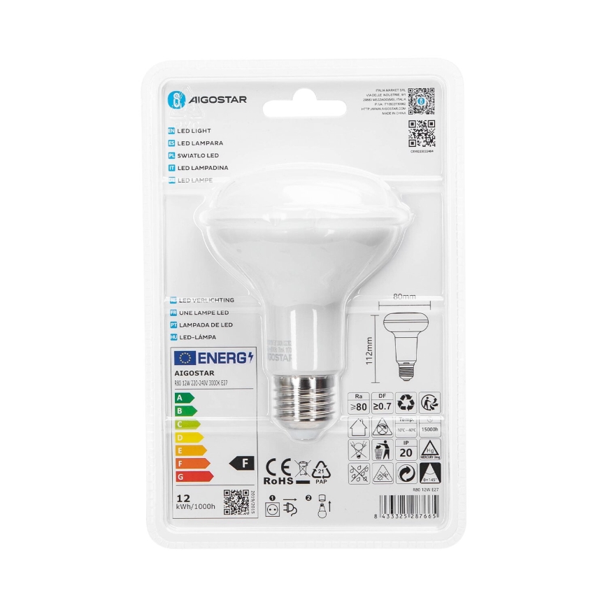LED-pære R80 E27/12W/230V 3000K - Aigostar
