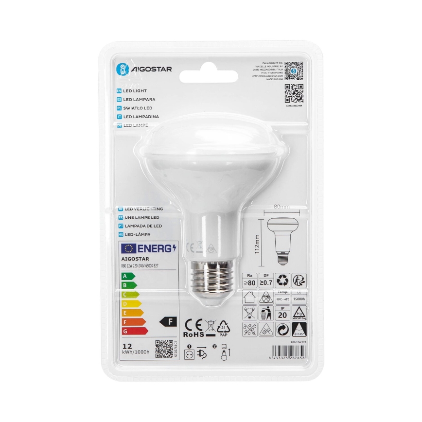 LED-pære R80 E27/12W/230V 6500K - Aigostar