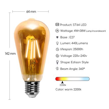 LED-pære ST64 E27/4W/230V 2200K - Aigostar