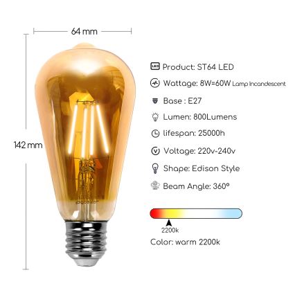 LED-pære ST64 E27/8W/230V 2200K - Aigostar