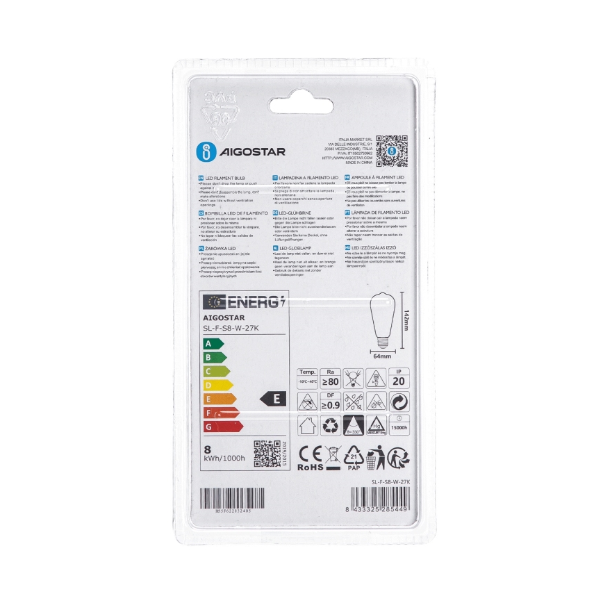 LED-pære ST64 E27/8W/230V 2700K - Aigostar