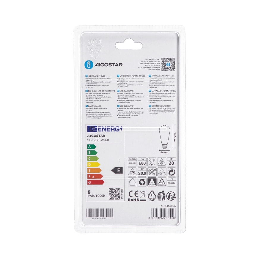 LED-pære ST64 E27/8W/230V 6500K - Aigostar