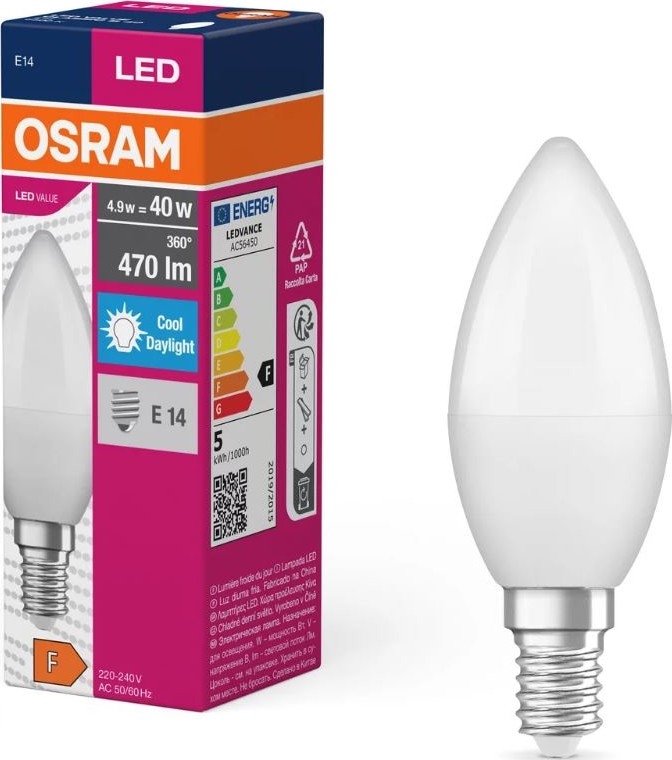 LED-pære VALUE B40 E14/4,9W/230V 6500K - Osram