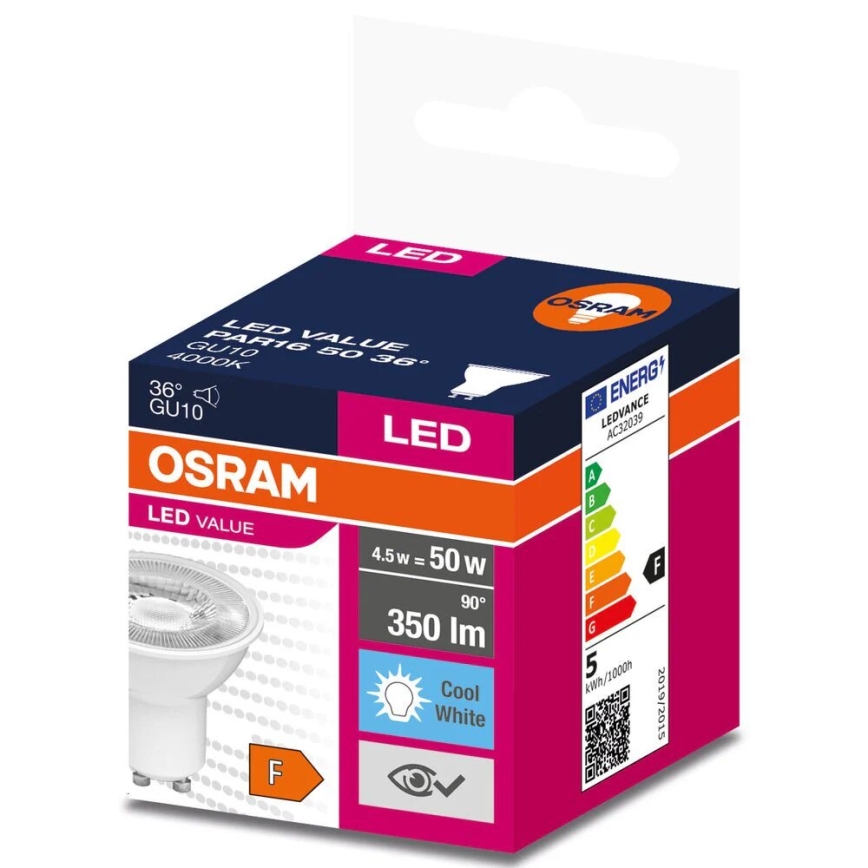 LED-pære VALUE PAR16 GU10/4,5W/230V 4000K 36° hvid - Osram