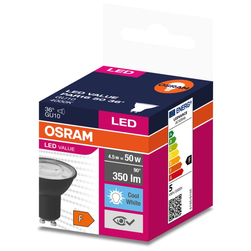 LED-pære VALUE PAR16 GU10/4,5W/230V 6500K 36° sort - Osram