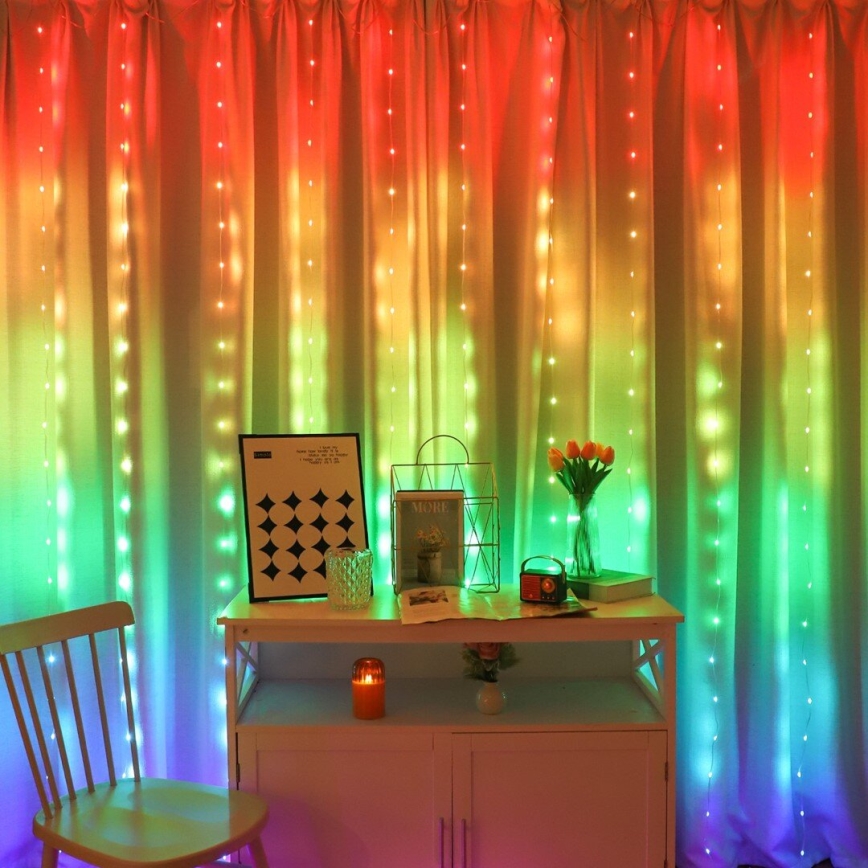 LED RGB dæmpbar julegardin WIZARD 300xLED/USB 3x3m + fjernbetjening