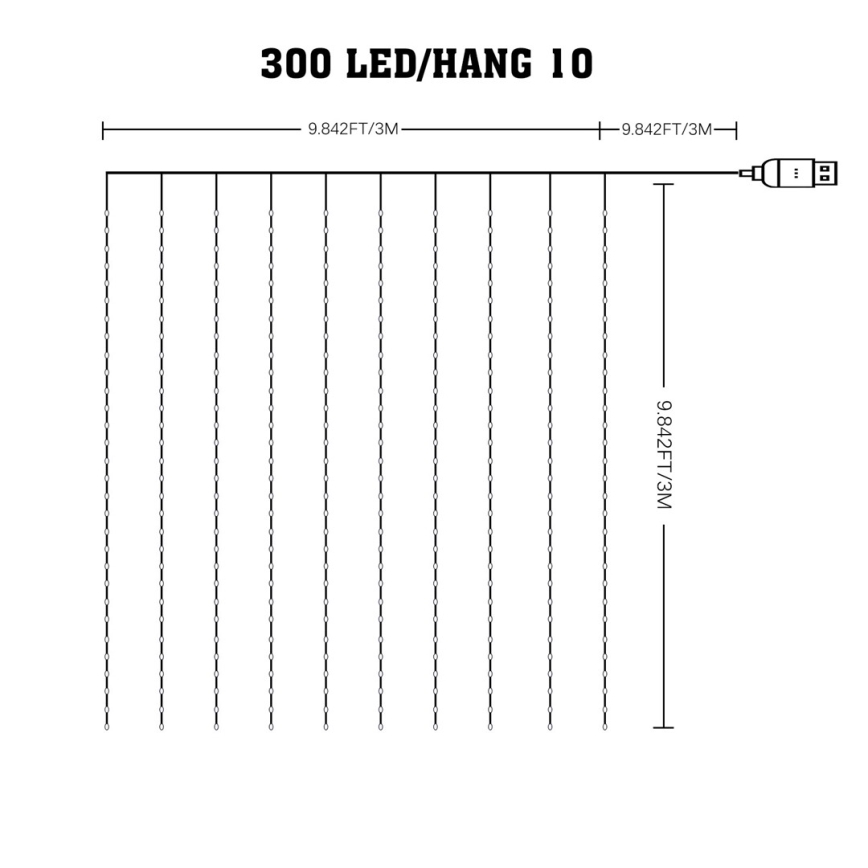 LED RGB dæmpbar julegardin WIZARD 300xLED/USB 3x3m + fjernbetjening