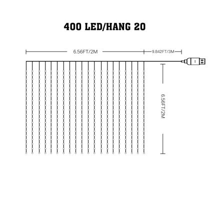 LED RGB dæmpbar lysegardin WIZARD 400xLED/USB 2x2m + fjernbetjening
