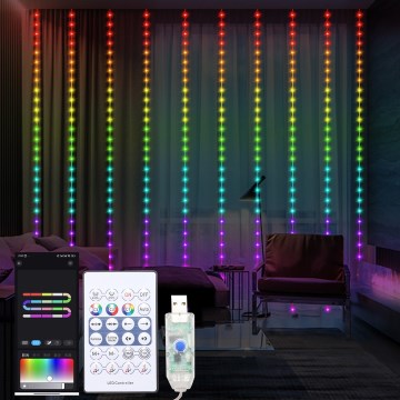 LED RGB Dæmpbar Lysgardin WIZARD 300xLED/USB 3x3m + fjernbetjening