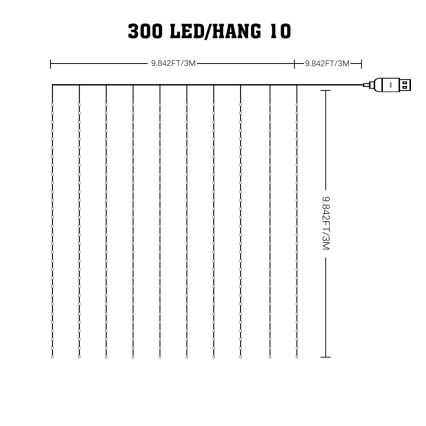 LED RGB Dæmpbar Lysgardin WIZARD 300xLED/USB 3x3m + fjernbetjening