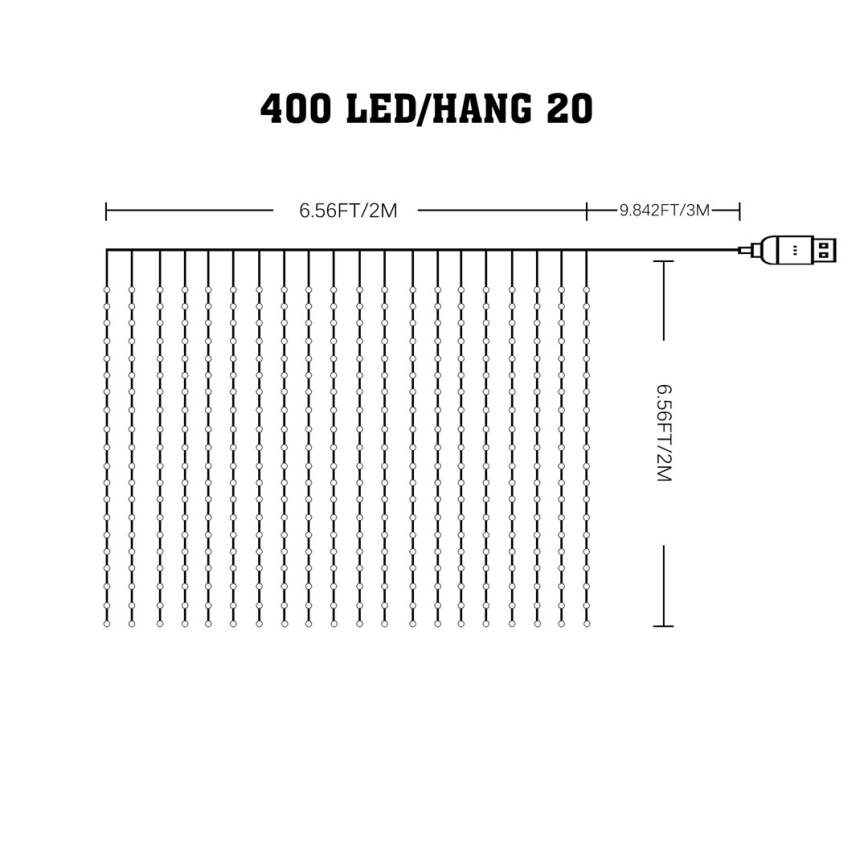 LED RGB Dæmpbar Lysgardin WIZARD 400xLED/USB 2x2m + fjernbetjening