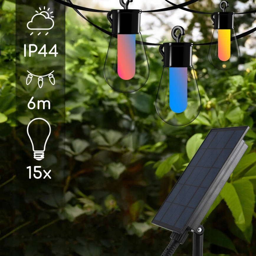 LED RGB Dæmpbar solcelledrevet dekorationskæde 15xLED/18 funktioner USB 6 m IP44 sort + fjernbetjening