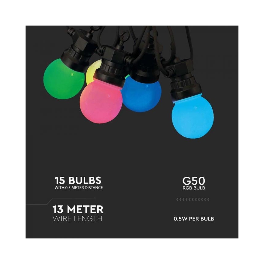 LED RGB Udendørs lyskæde STRING 13 m 15xLED/0,5W/230V IP44 + fjernbetjening