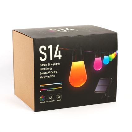 LED RGBIC Dæmpbar solcelledrevet lyskæde 30xLED/1,3W/3,7V 2200 mAh 14,37 m IP65 sort + fjernbetjening