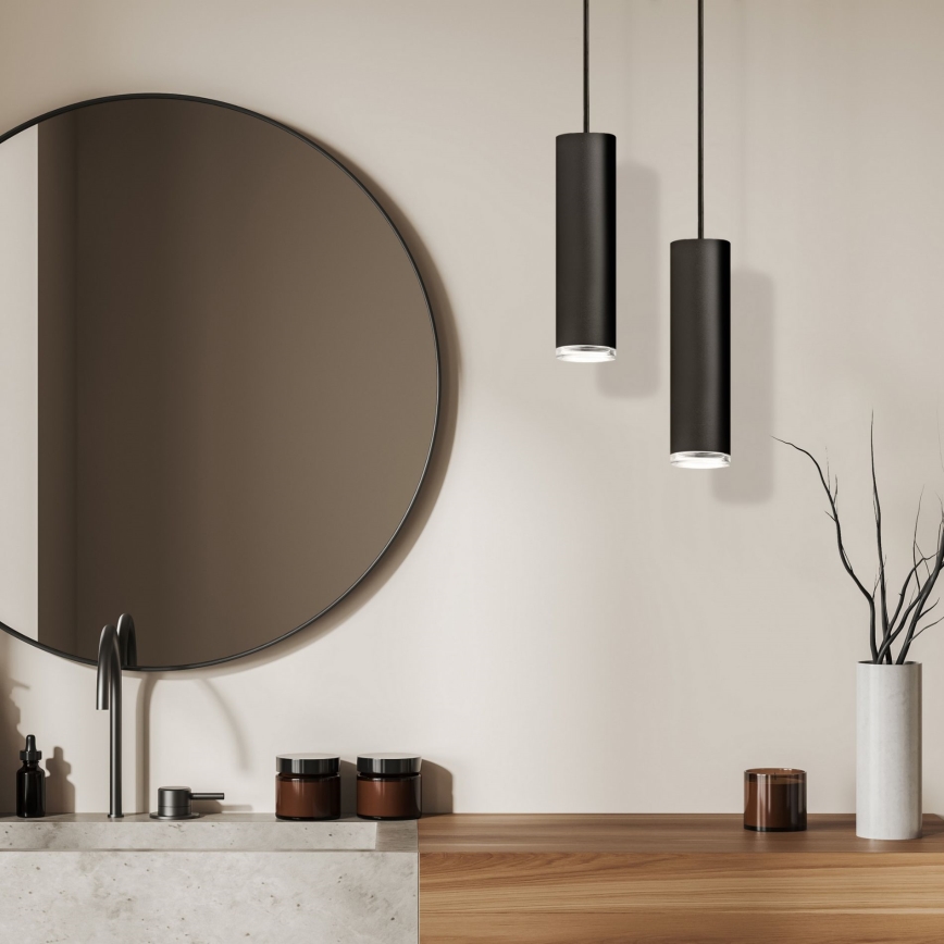 LED RGBW Dæmpbar badeværelsespendel på wire TURYN 1xGU10/6W/230V 3000K IP44 sort + fjernbetjening