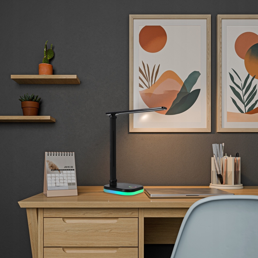 LED RGBW dæmpbar bordlampe med trådløs opladning LED/7W/5V USB sort