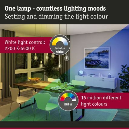 LED RGBW Dæmpbar Filamentpære E27/6,3W/230V 2200-6500K - Paulmann 29156