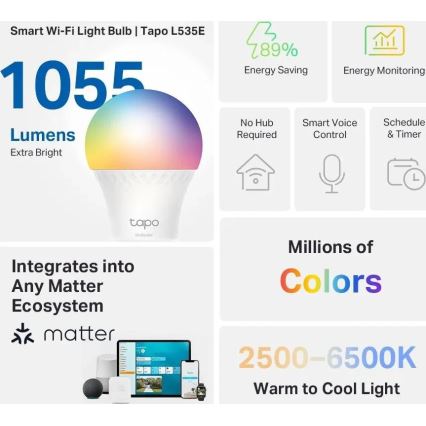 LED RGBW Dæmpbar pære A60 E27/8,6W/230V 2500-6500K Wi-Fi - TP-Link