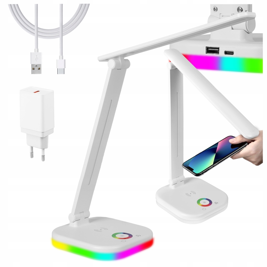 LED RGBW dæmpbar skrivebordslampe med trådløs opladning LED/7W/5V USB hvid