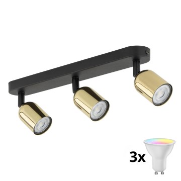 LED RGBW dæmpbar spotarmatur TOP 3xGU10/6,5W/2300V 2700-6500K sort/guld