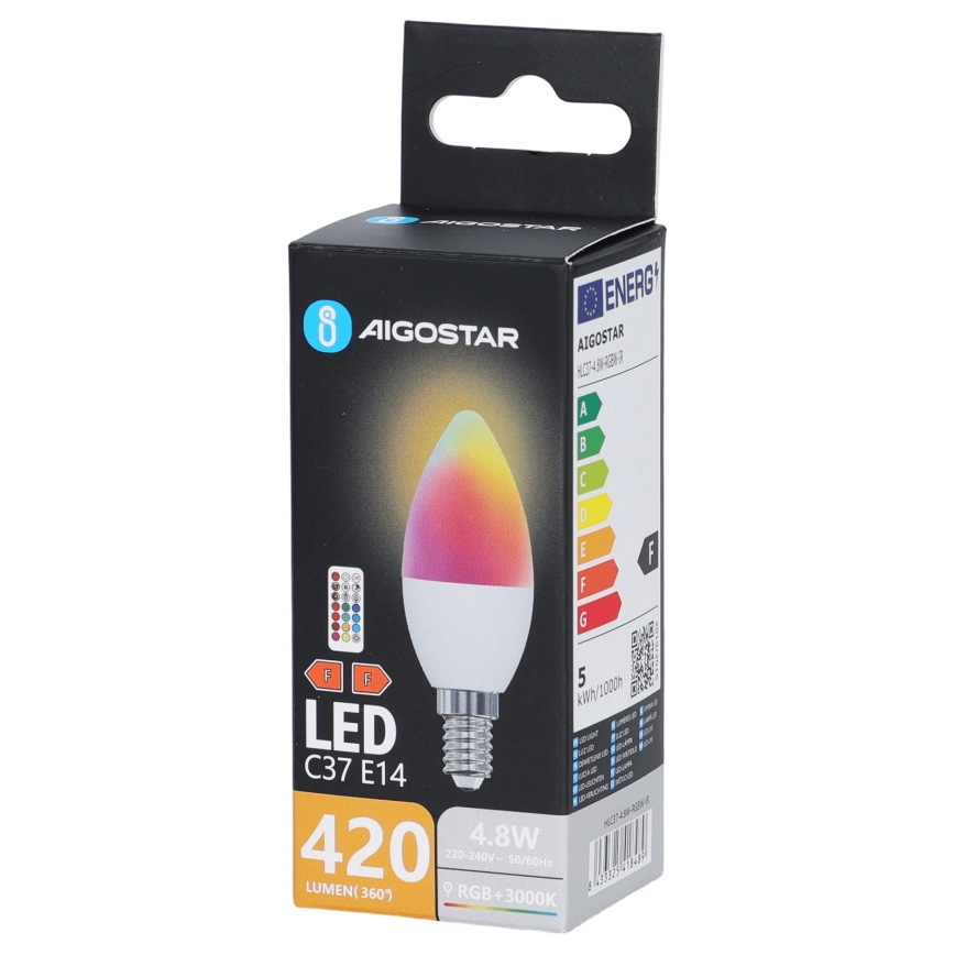 LED RGBW-pære C37 E14/4,8W/230V 3000 K + fjernbetjening - Aigostar