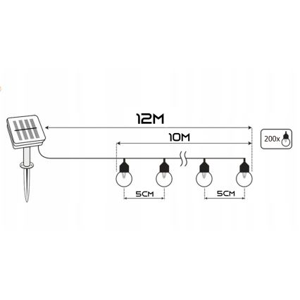 LED solcelle-dekorationskæde 200xLED/1,2V 800 mAh 12 m IP44 sort