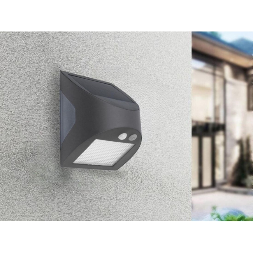 Solcelledrevet LED-væglampe med sensor, 3W/3,7V, 3000/4000K, 1200 mAh, IP54, antracit