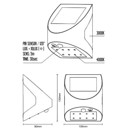 LED solcelle-væglampe med sensor LED/3W/3,7V 3000/4000K 1200 mAh IP54 sort