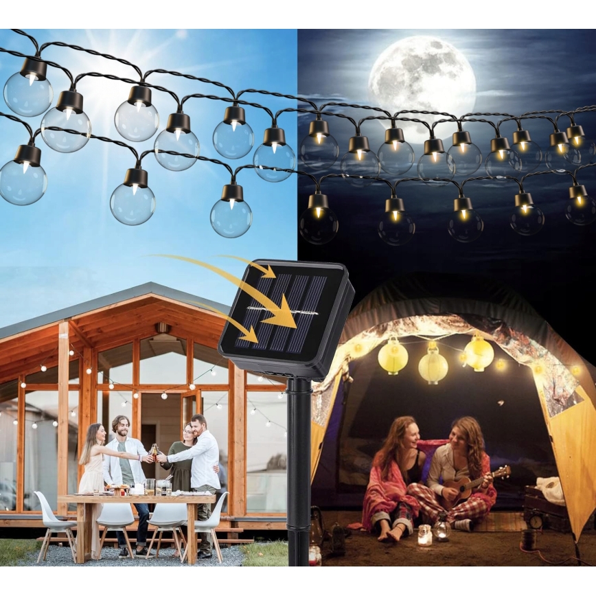 LED solcelledrevet dekorationskæde 30 LED/8 funktioner 500 mAh 10,6 m IP67 varm hvid