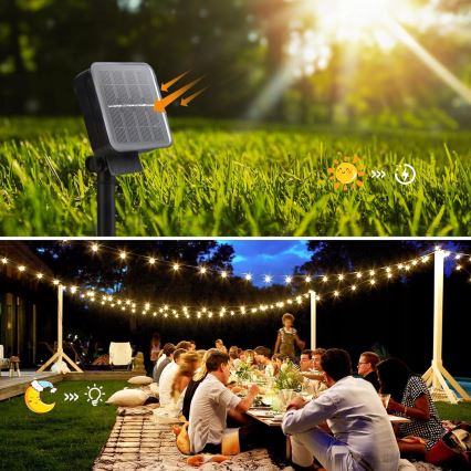 LED solcelledrevet dekorationskæde 30 LED/8 funktioner 500 mAh 10,6 m IP67 varm hvid
