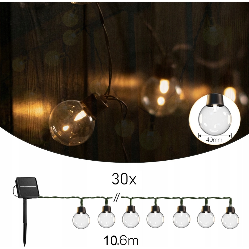 LED solcelledrevet dekorationskæde 30 LED/8 funktioner 500 mAh 10,6 m IP67 varm hvid