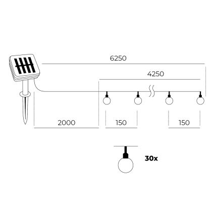 LED Solarlampekæde 30xLED/0,12W/1,2V 1xAA 3000K IP44 400 mAh