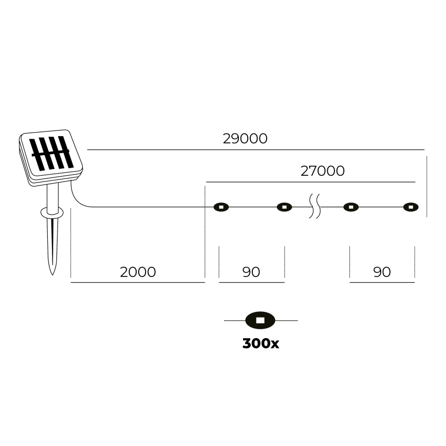 LED - Soldrevet lyskæde 300xLED/0,12W/1,2V 1xAA 27 m IP44 3000K